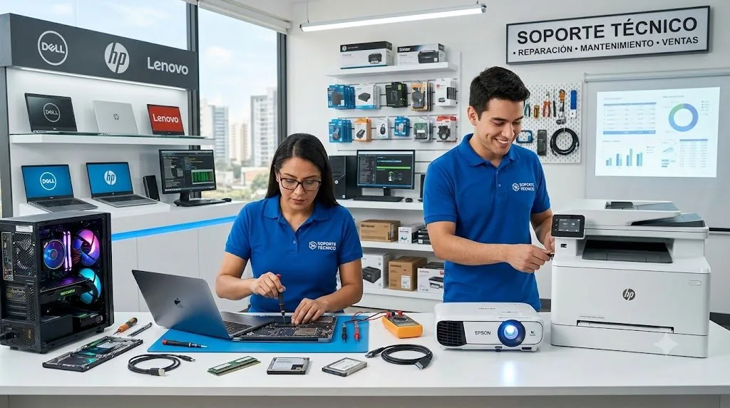 Técnicos de SOENTEC reparando laptops y equipos de cómputo Dell, HP y Lenovo en el taller de soporte técnico